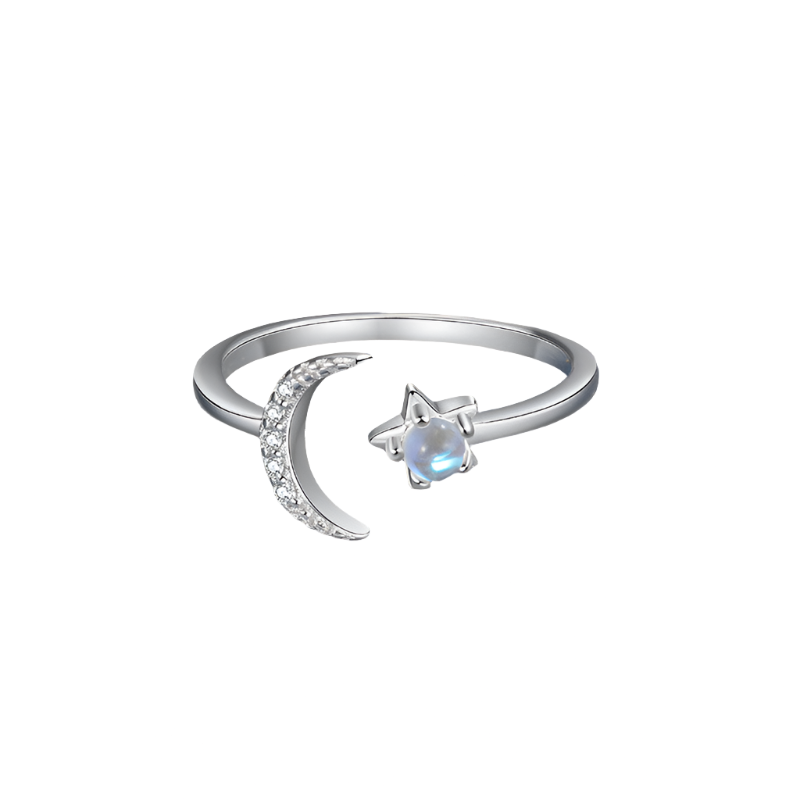 Crescent Moon & Moonstone Star Ring Sterling Silver