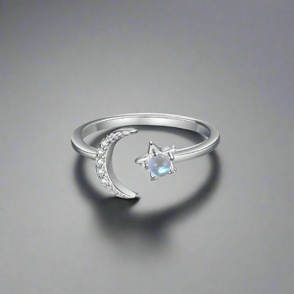 Crescent Moon & Moonstone Star Ring Sterling Silver