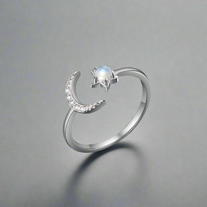 Crescent Moon & Moonstone Star Ring Sterling Silver