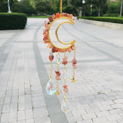 Crescent Moon Wind Chime Suncatcher with Crystals and Stones