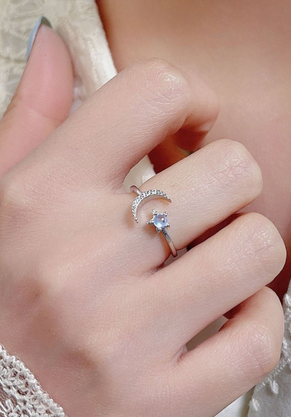 Crescent Moon & Moonstone Star Ring Sterling Silver