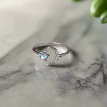 Crescent Moon & Moonstone Star Ring Sterling Silver