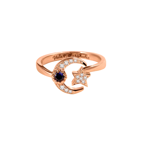 Engraved Moon & Star Ring with Birthstone Sterling Silver