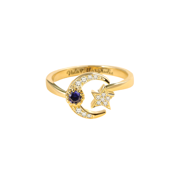 Engraved Moon & Star Ring with Birthstone Sterling Silver