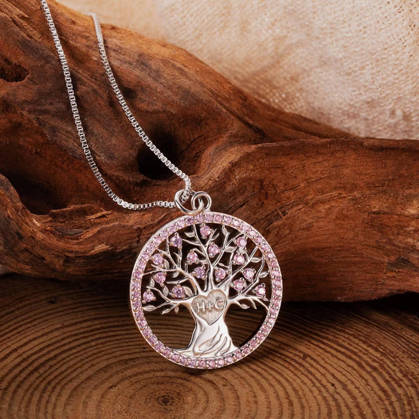 Tree of Life Necklace with Initials & Birthstones Sterling Silver