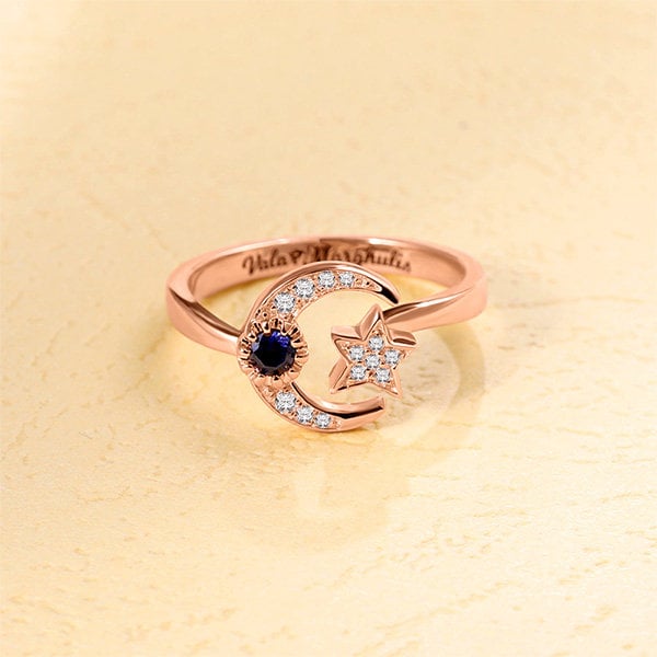 Engraved Moon & Star Ring with Birthstone Sterling Silver