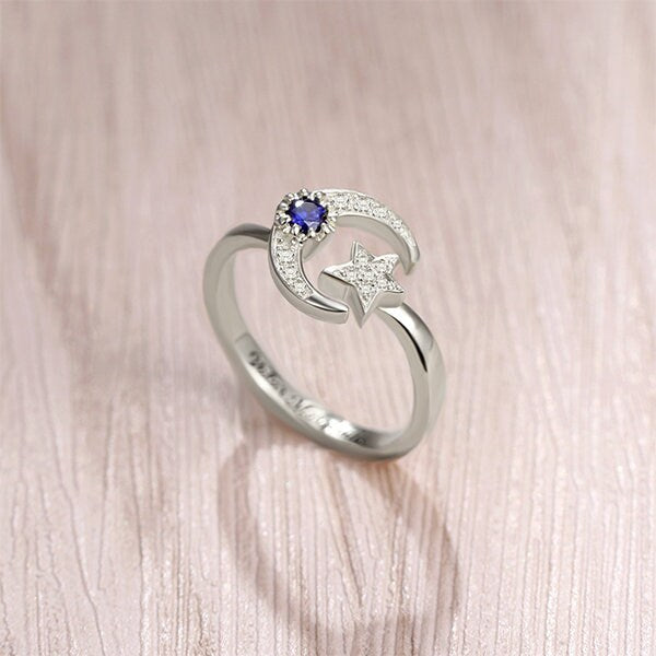 Engraved Moon & Star Ring with Birthstone Sterling Silver