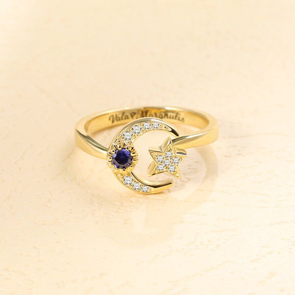 Engraved Moon & Star Ring with Birthstone Sterling Silver