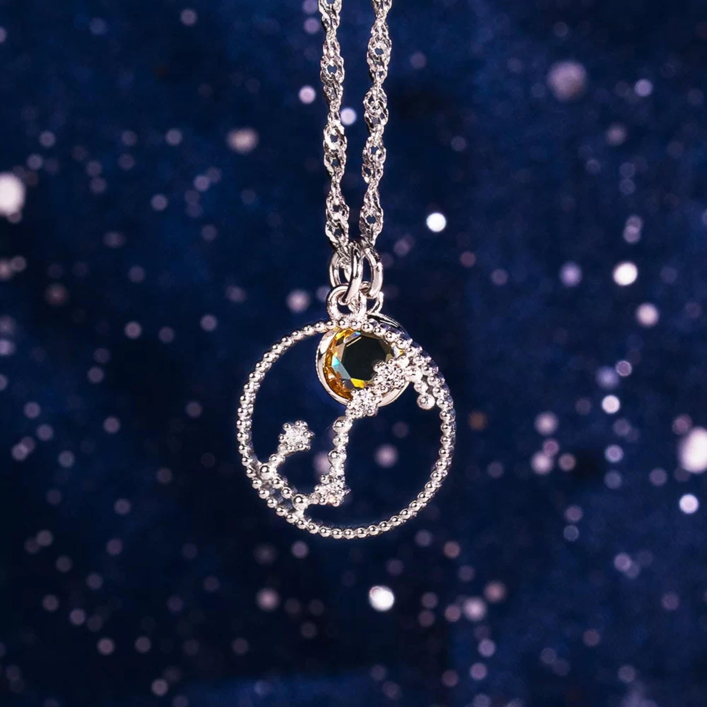 Round Zodiac Constellation Necklace with Birthstone Sterling Silver