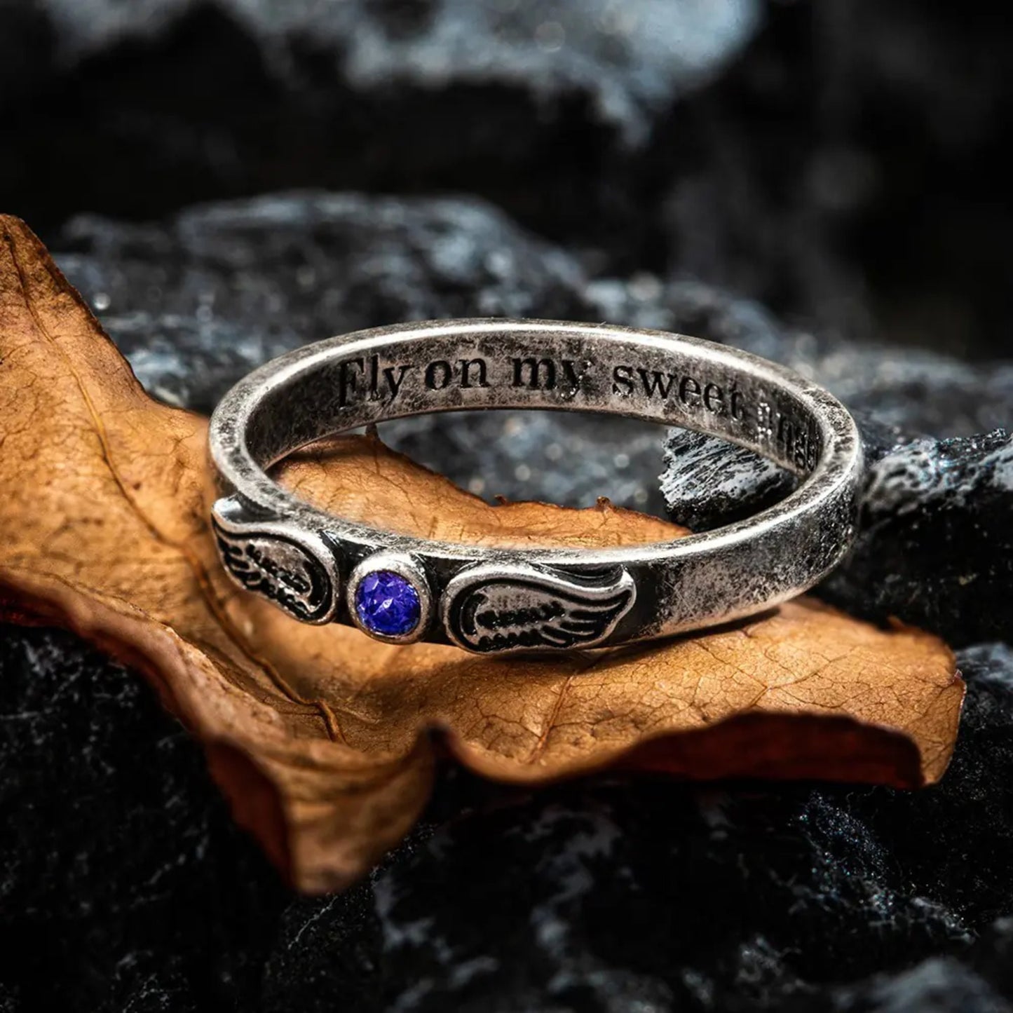 Engraved Angel Wings Ring with Birthstone Brass