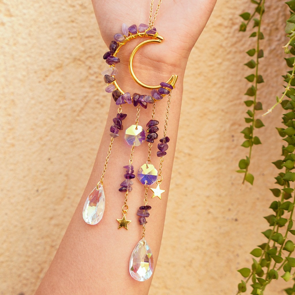 Crescent Moon Wind Chime Suncatcher with Crystals and Stones