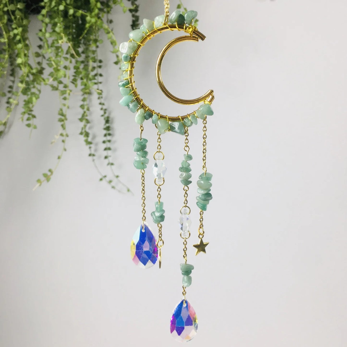 Crescent Moon Wind Chime Suncatcher with Crystals and Stones