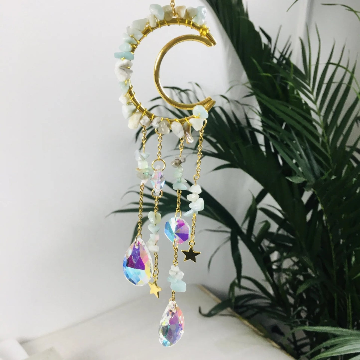 Crescent Moon Wind Chime Suncatcher with Crystals and Stones