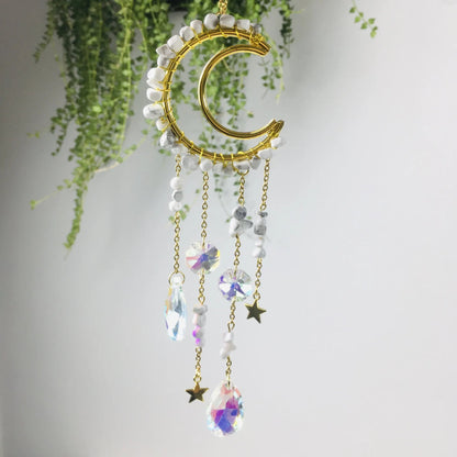 Crescent Moon Wind Chime Suncatcher with Crystals and Stones