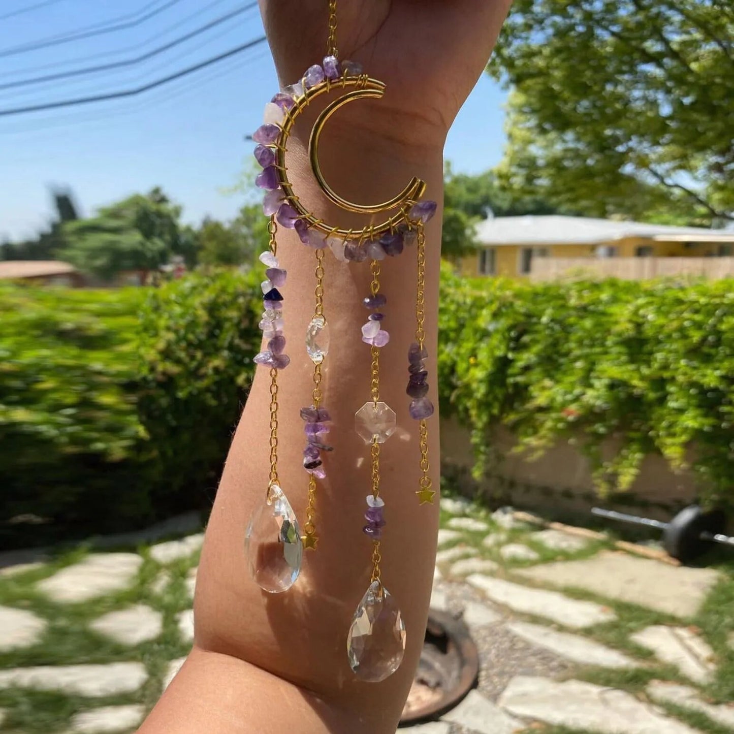 Crescent Moon Wind Chime Suncatcher with Crystals and Stones