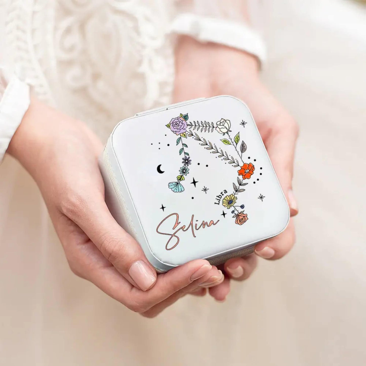 Personalized Floral Zodiac Constellation Jewelry Box