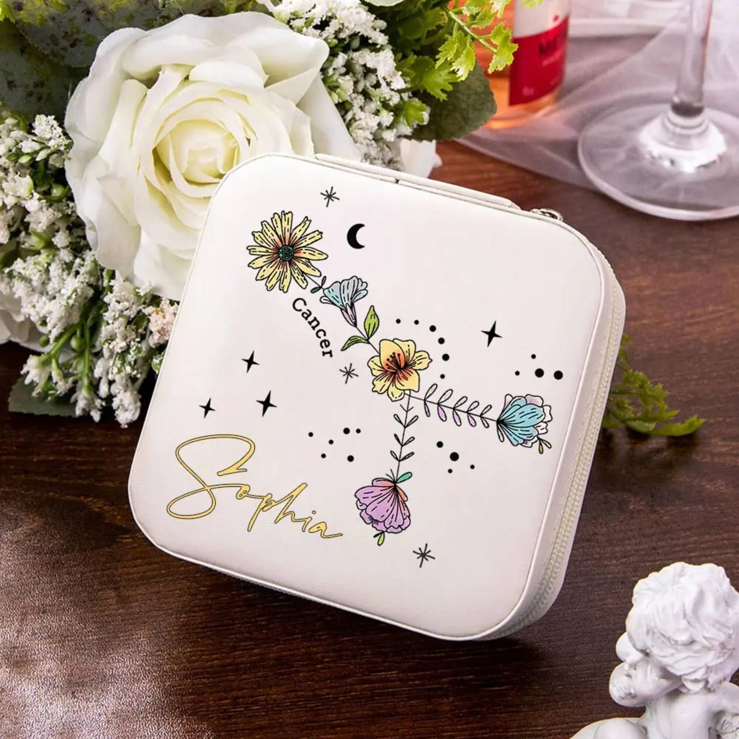 Personalized Floral Zodiac Constellation Jewelry Box