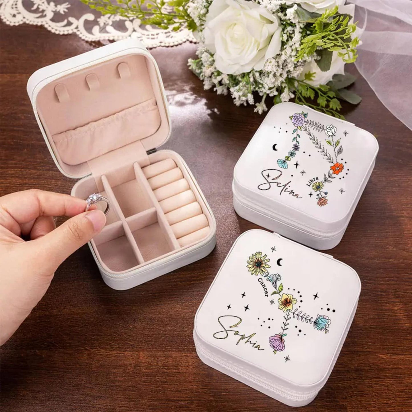 Personalized Floral Zodiac Constellation Jewelry Box