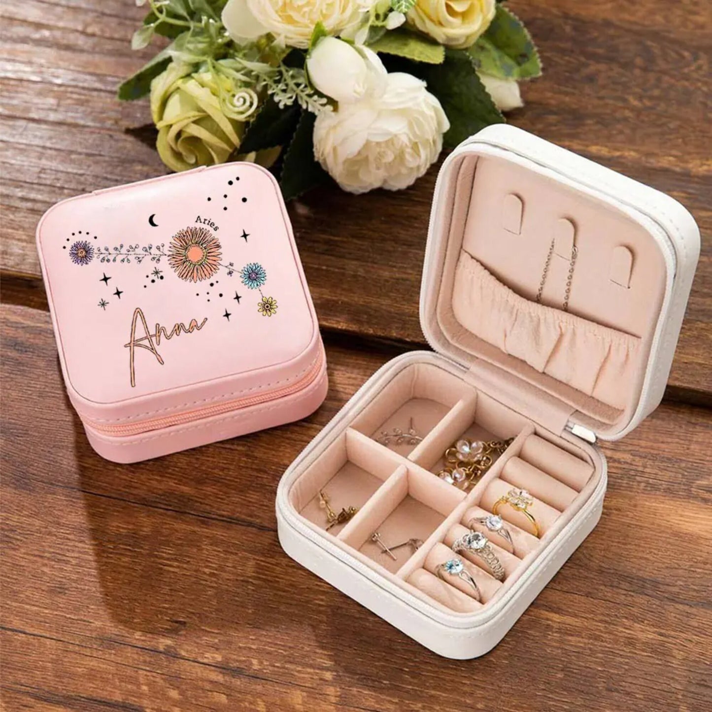 Personalized Floral Zodiac Constellation Jewelry Box